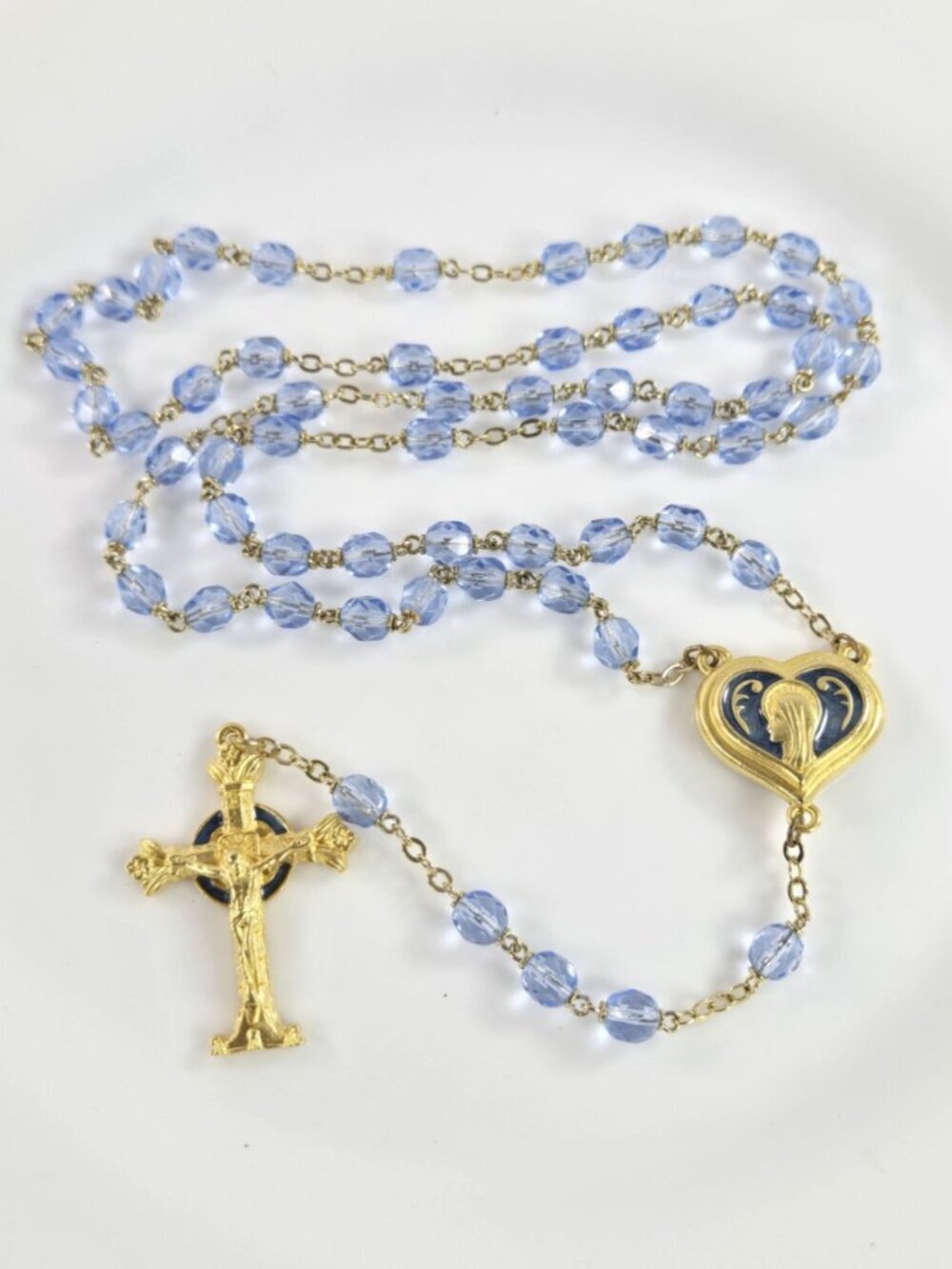Blue Glass Catholic Rosary Heart Center Medal Relic